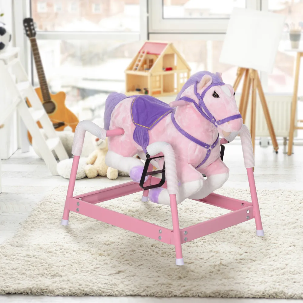 Spring Rocking Horse, Kids Ride on Horse, Plush Horse Ride-on with Sounds & Foot Stirrups, Saddle for Kids 3-8 Years, Pink