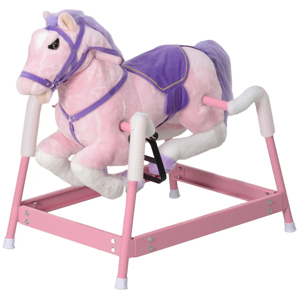 Spring Rocking Horse, Kids Ride on Horse, Plush Horse Ride-on with Sounds & Foot Stirrups, Saddle for Kids 3-8 Years, Pink
