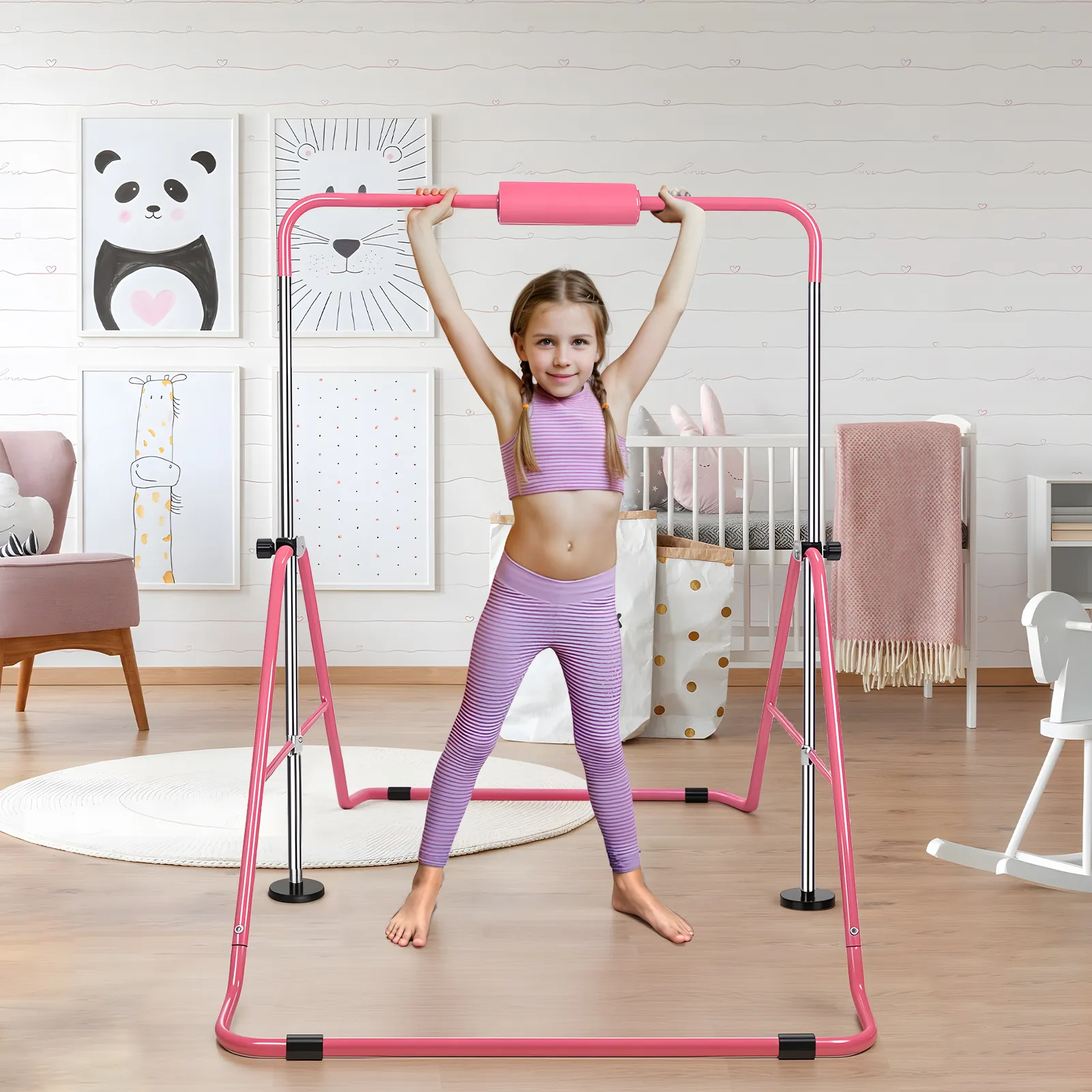 Adjustable Height Gymnastic Horizontal Bar, Expandable Gymnastics Bar, Pull Up Stand Station, Kids Folding Training Monkey Bar