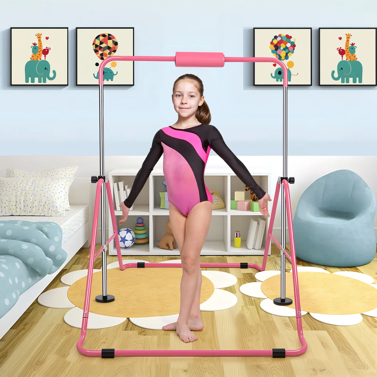 Adjustable Height Gymnastic Horizontal Bar, Expandable Gymnastics Bar, Pull Up Stand Station, Kids Folding Training Monkey Bar