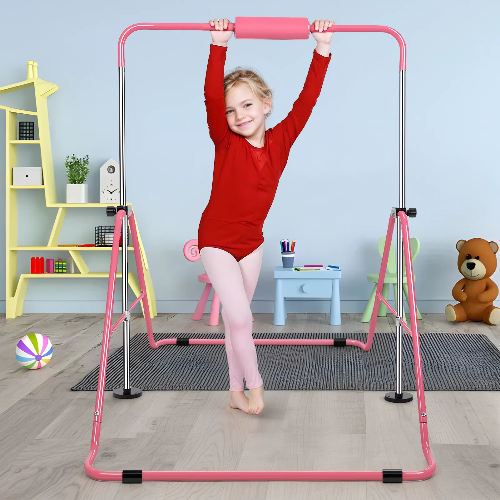 Adjustable Height Gymnastic Horizontal Bar, Expandable Gymnastics Bar, Pull Up Stand Station, Kids Folding Training Monkey Bar