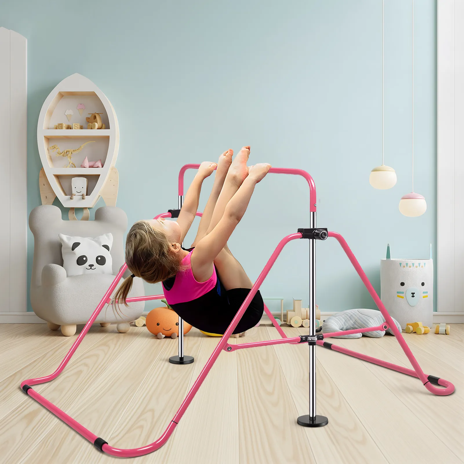 Adjustable Height Gymnastic Horizontal Bar, Expandable Gymnastics Bar, Pull Up Stand Station, Kids Folding Training Monkey Bar
