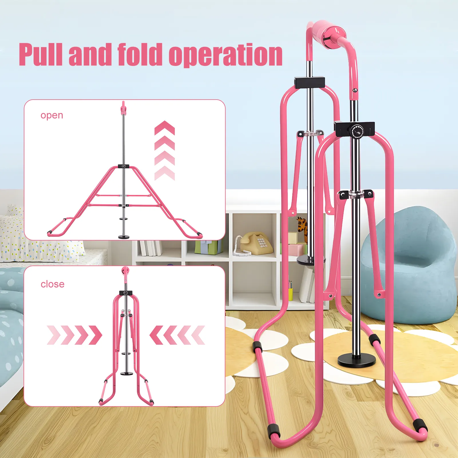 Adjustable Height Gymnastic Horizontal Bar, Expandable Gymnastics Bar, Pull Up Stand Station, Kids Folding Training Monkey Bar