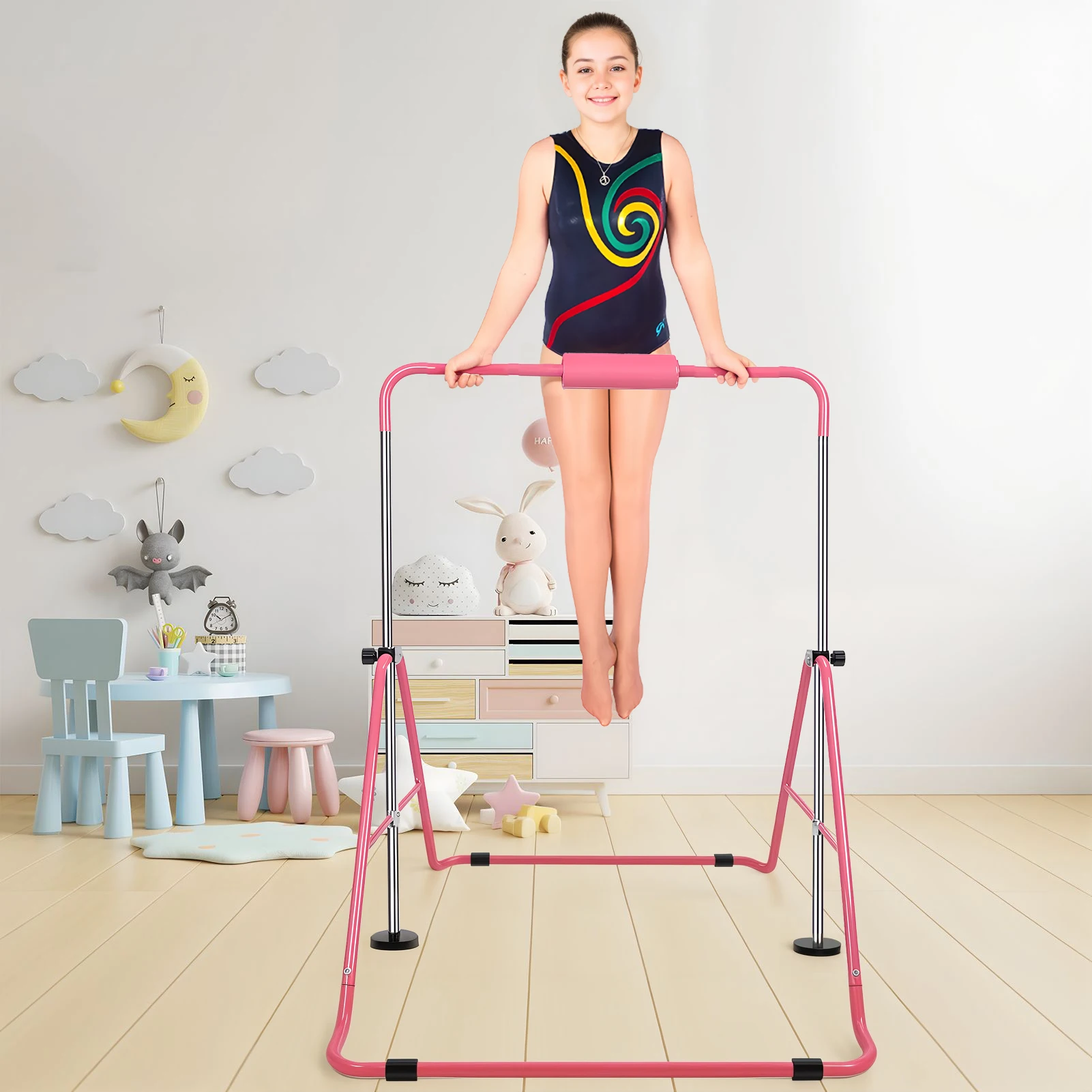 Adjustable Height Gymnastic Horizontal Bar, Expandable Gymnastics Bar, Pull Up Stand Station, Kids Folding Training Monkey Bar
