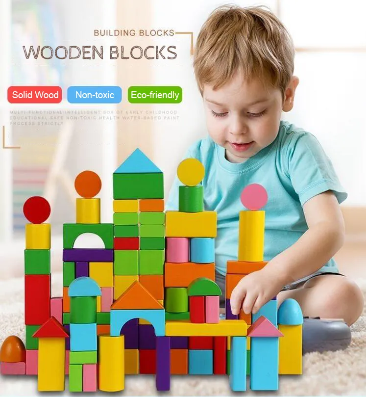 Wooden Building Blocks Set with Storage Bag Wooden Toys for Kids Assembled Building Blocks Early Educational Toys for Children