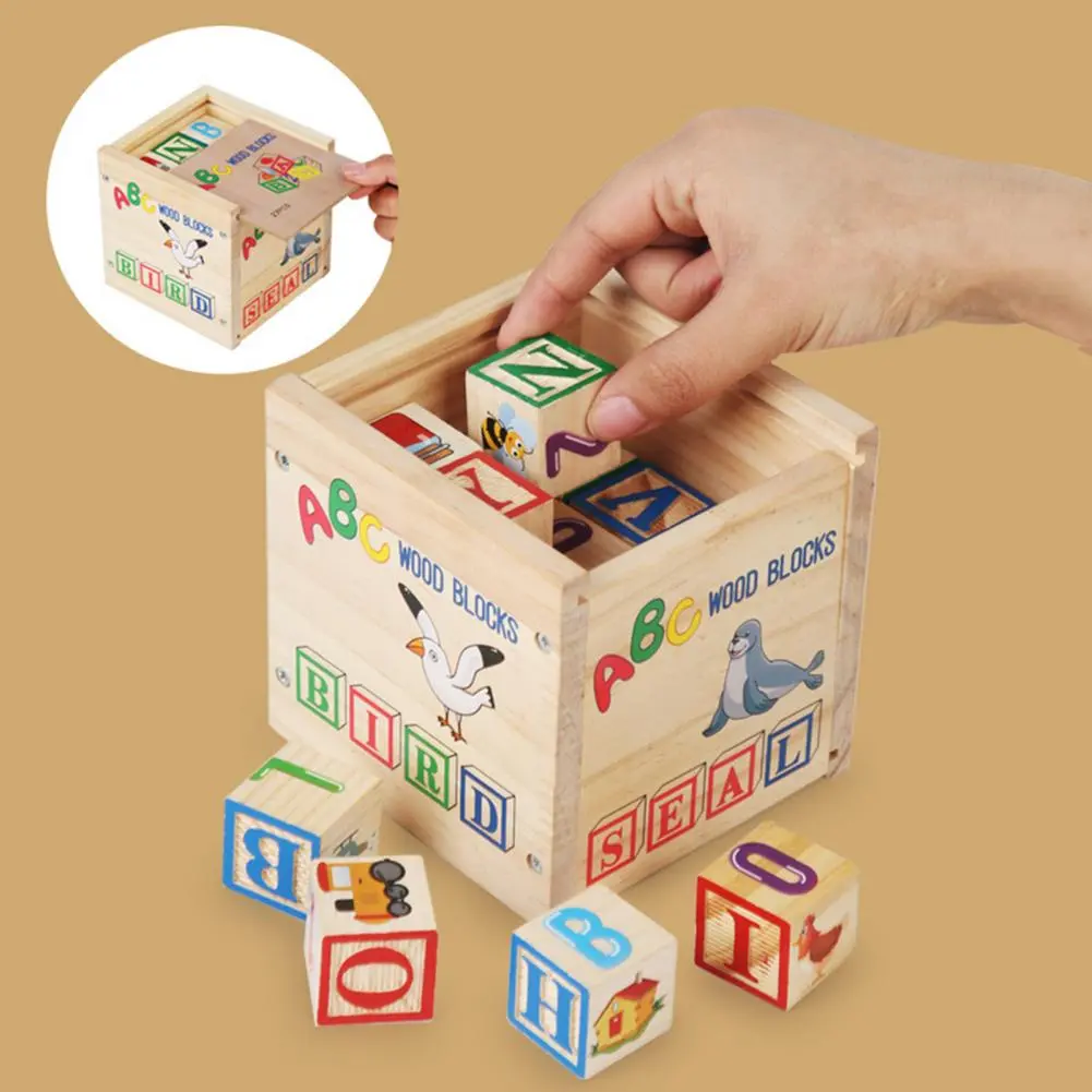 1 Set Kids Wooden Building Block Toy with Storage Box Preschool ABC Letter Number Learning Educational Puzzle Cube Stacking Game
