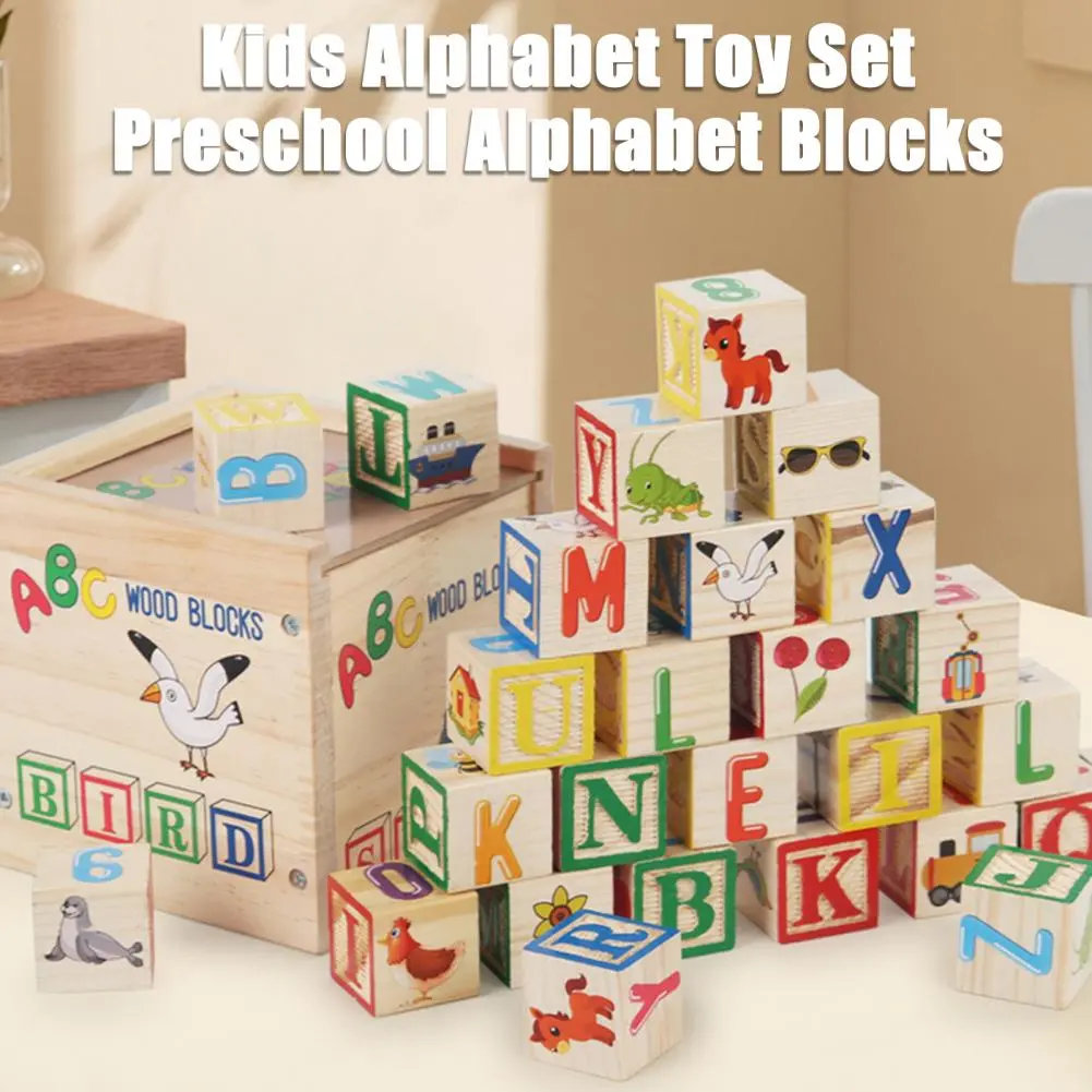 1 Set Kids Wooden Building Block Toy with Storage Box Preschool ABC Letter Number Learning Educational Puzzle Cube Stacking Game