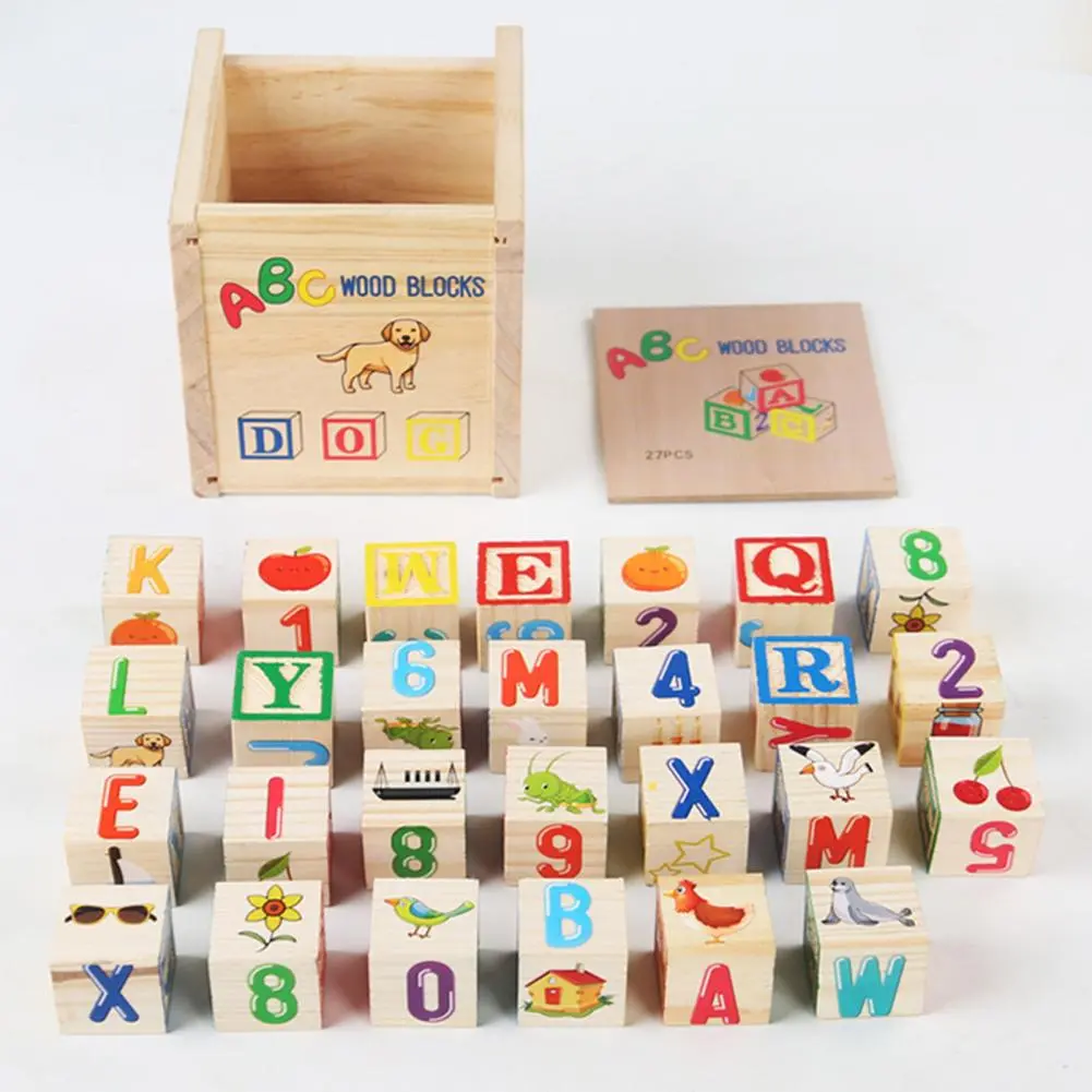 1 Set Kids Wooden Building Block Toy with Storage Box Preschool ABC Letter Number Learning Educational Puzzle Cube Stacking Game