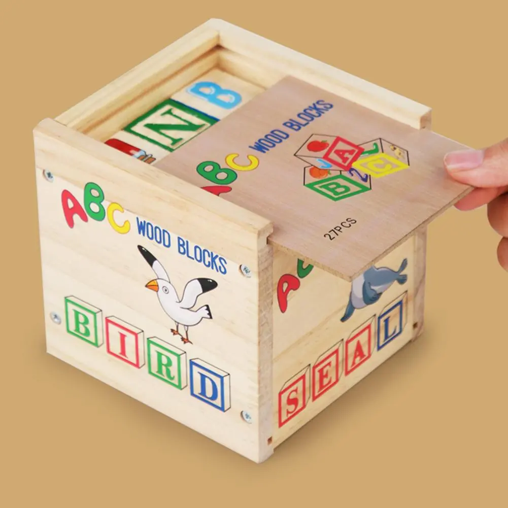 1 Set Kids Wooden Building Block Toy with Storage Box Preschool ABC Letter Number Learning Educational Puzzle Cube Stacking Game