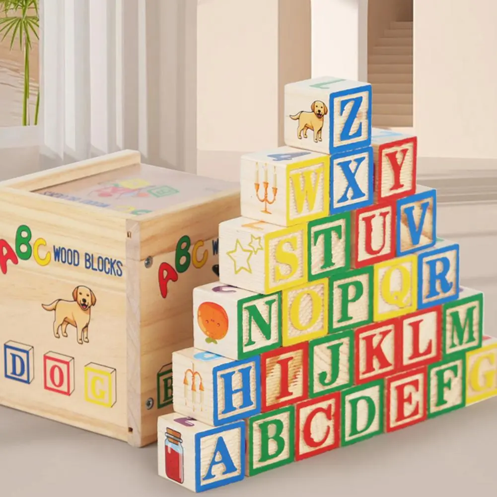 1 Set Kids Wooden Building Block Toy with Storage Box Preschool ABC Letter Number Learning Educational Puzzle Cube Stacking Game