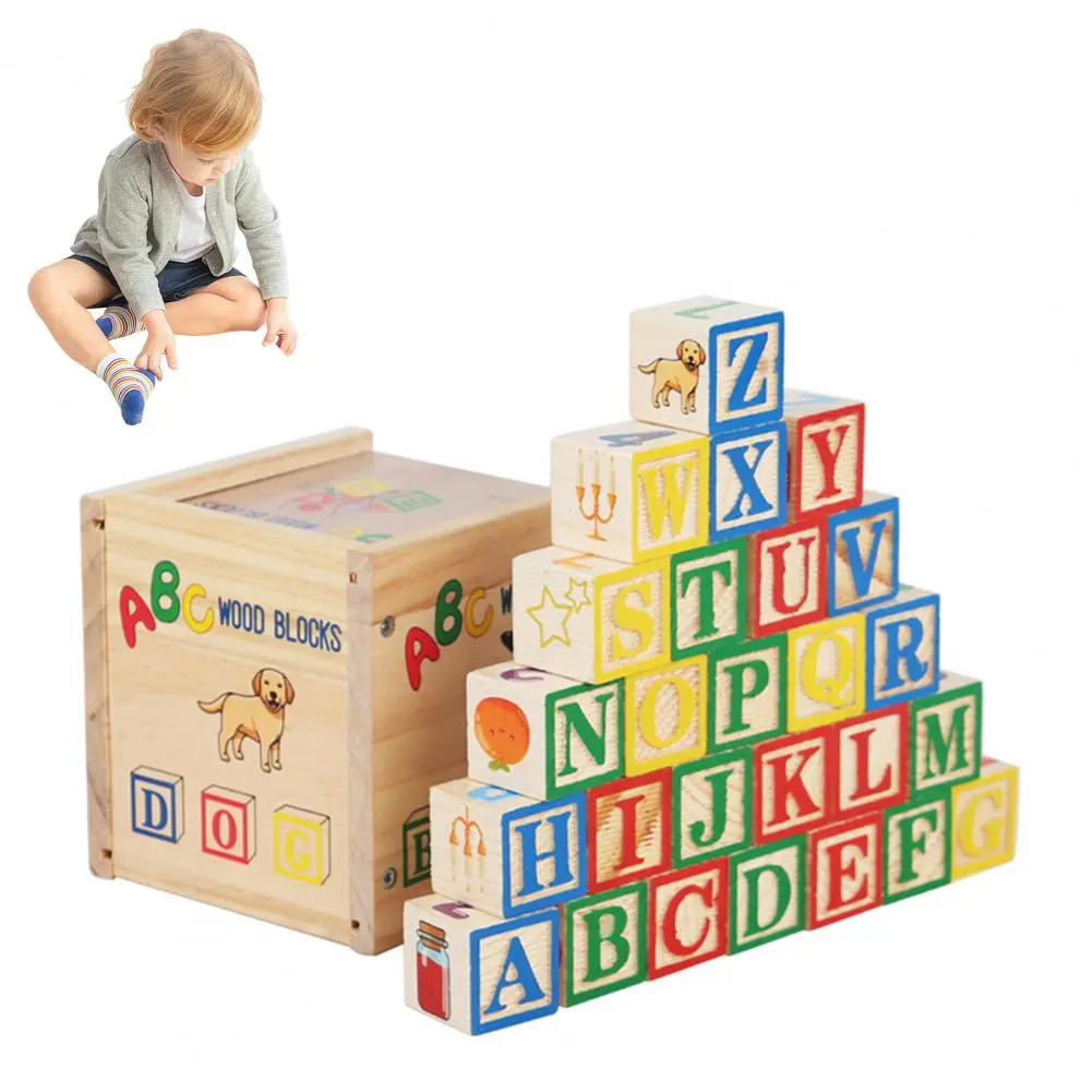 1 Set Kids Wooden Building Block Toy with Storage Box Preschool ABC Letter Number Learning Educational Puzzle Cube Stacking Game