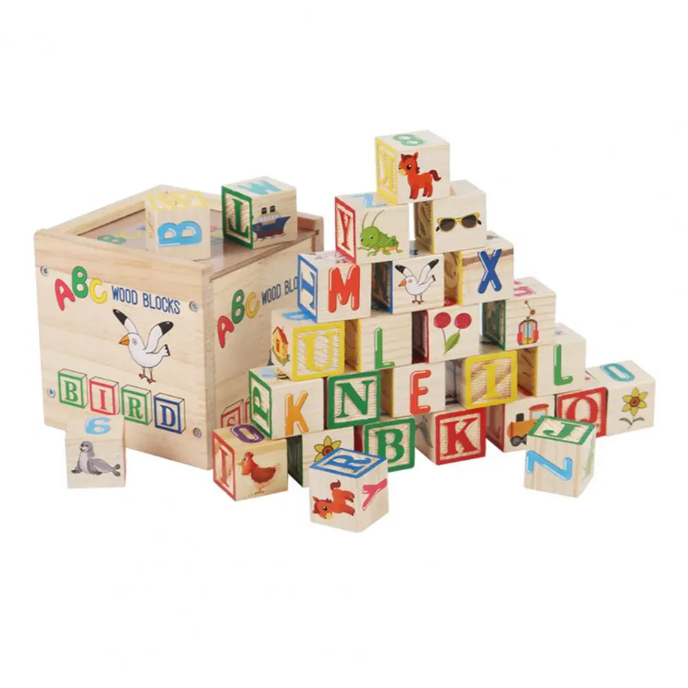 1 Set Kids Wooden Building Block Toy with Storage Box Preschool ABC Letter Number Learning Educational Puzzle Cube Stacking Game
