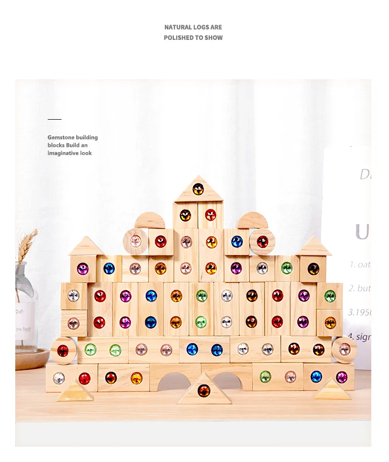 DIY Blocks Sparkling Acrylic Toy Kids Wooden Montessori Rainbow Gem Stacking Blocks Colorful Educational Wooden Creative Toys
