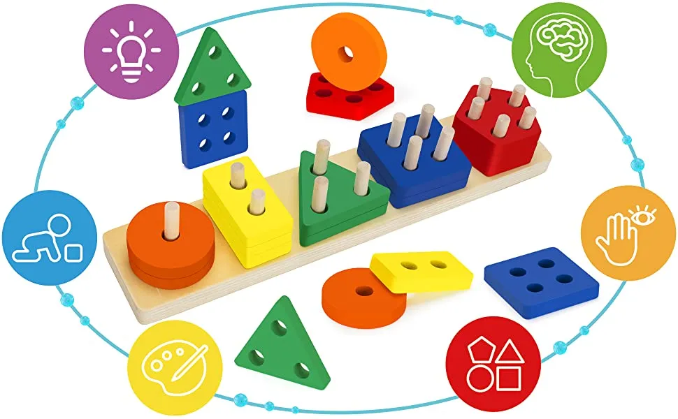 Baby Wooden Toys Rainbow Stacking Ring Tower Blocks Puzzle Toys Montessori Educational Color Shape Geometric Game Toys for Kids