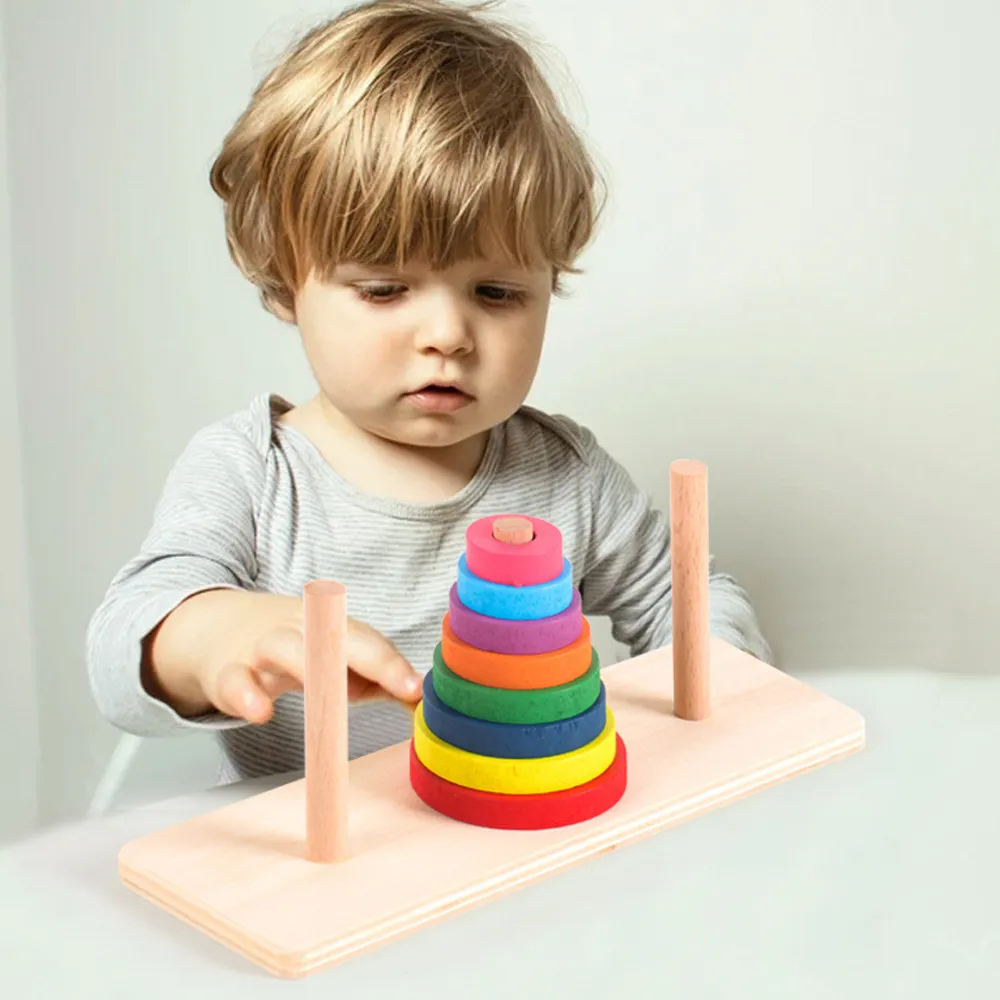 Baby Wooden Toys Rainbow Stacking Ring Tower Blocks Puzzle Toys Montessori Educational Color Shape Geometric Game Toys for Kids