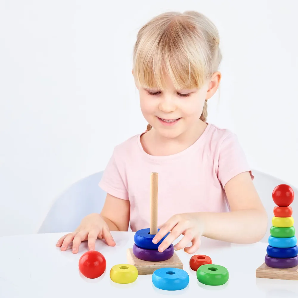 Baby Wooden Toys Rainbow Stacking Ring Tower Blocks Puzzle Toys Montessori Educational Color Shape Geometric Game Toys for Kids