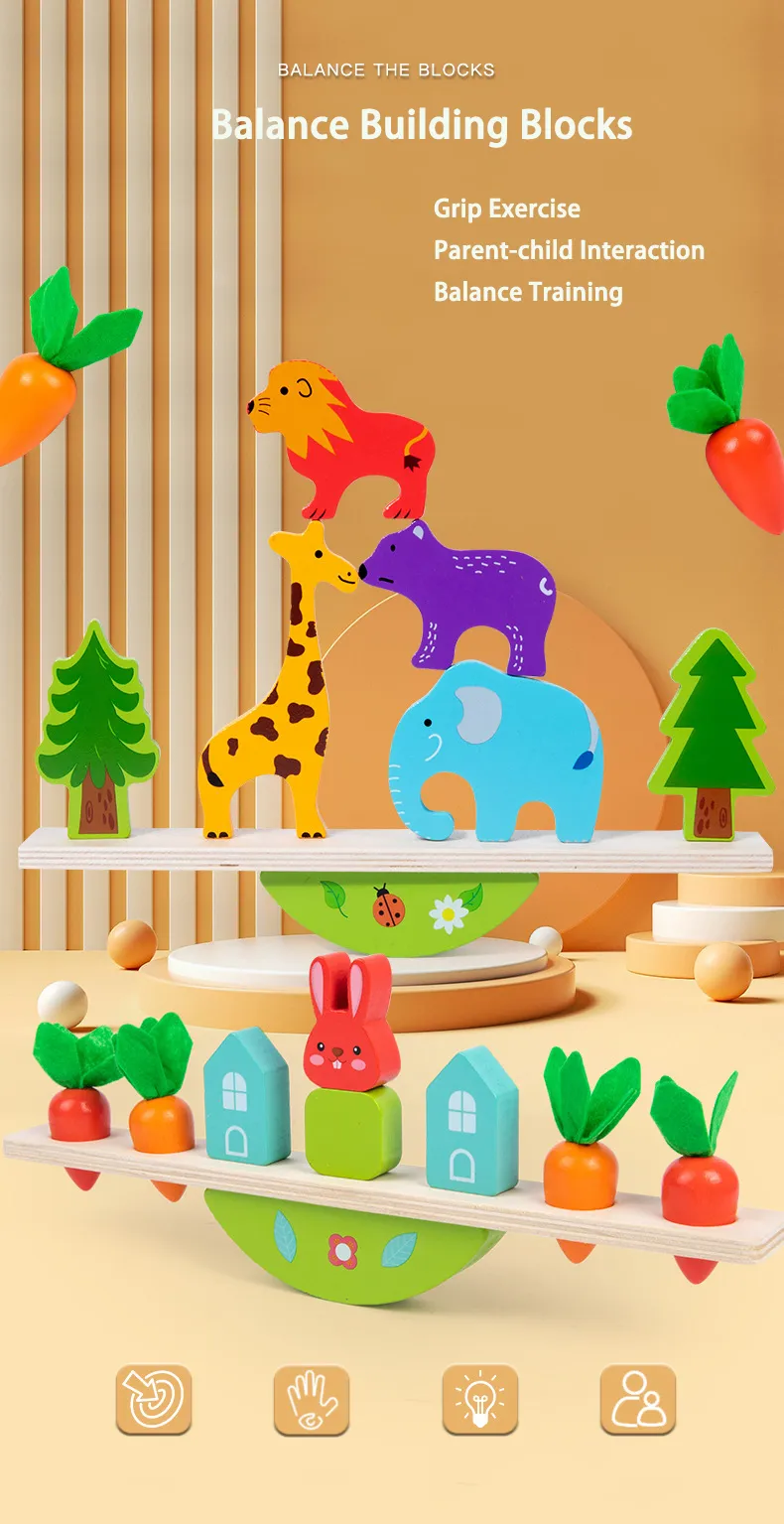 Montessori Wooden Tree Toys Animal Balance Stacking Building Block Game Early Childhood Education Creative Game for Toddler 1-3