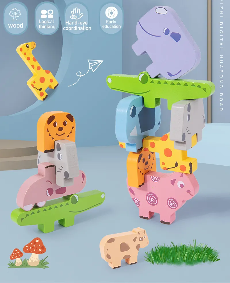 Animal Blocks Wooden Toys Matching Stacking Balance Thinking Sorting Board Game Montessori Sensory Educational Toys for Children