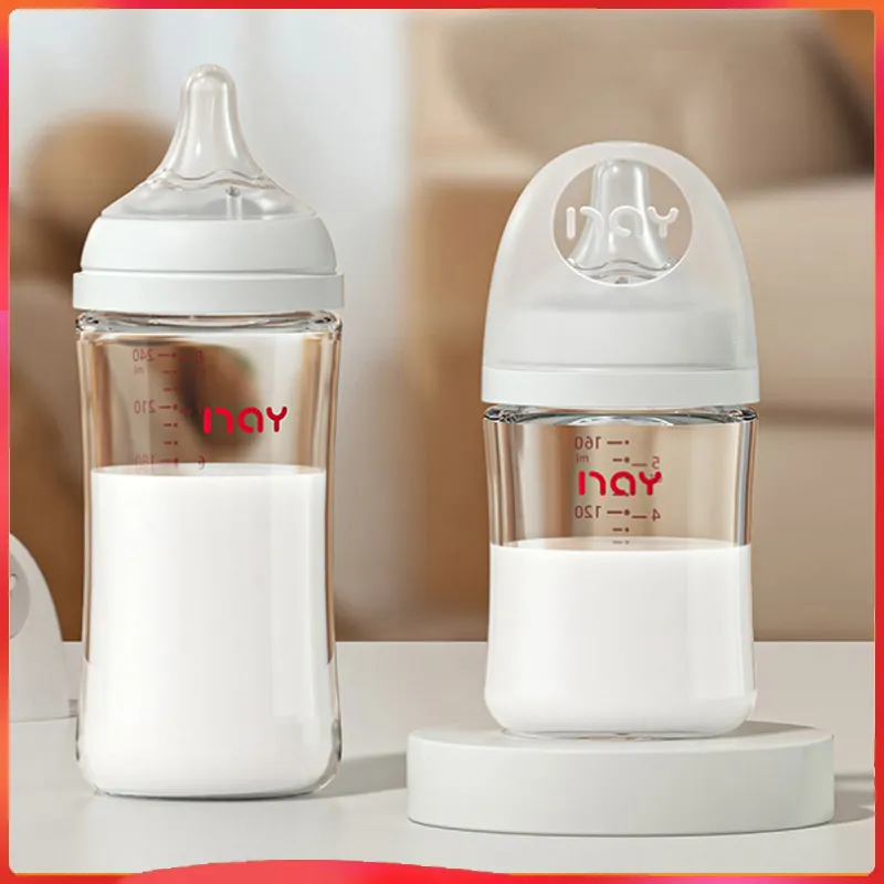 Newborns' wide caliber anti choking glass milk bottle 0-3 months bottle straight body newborn baby bottle