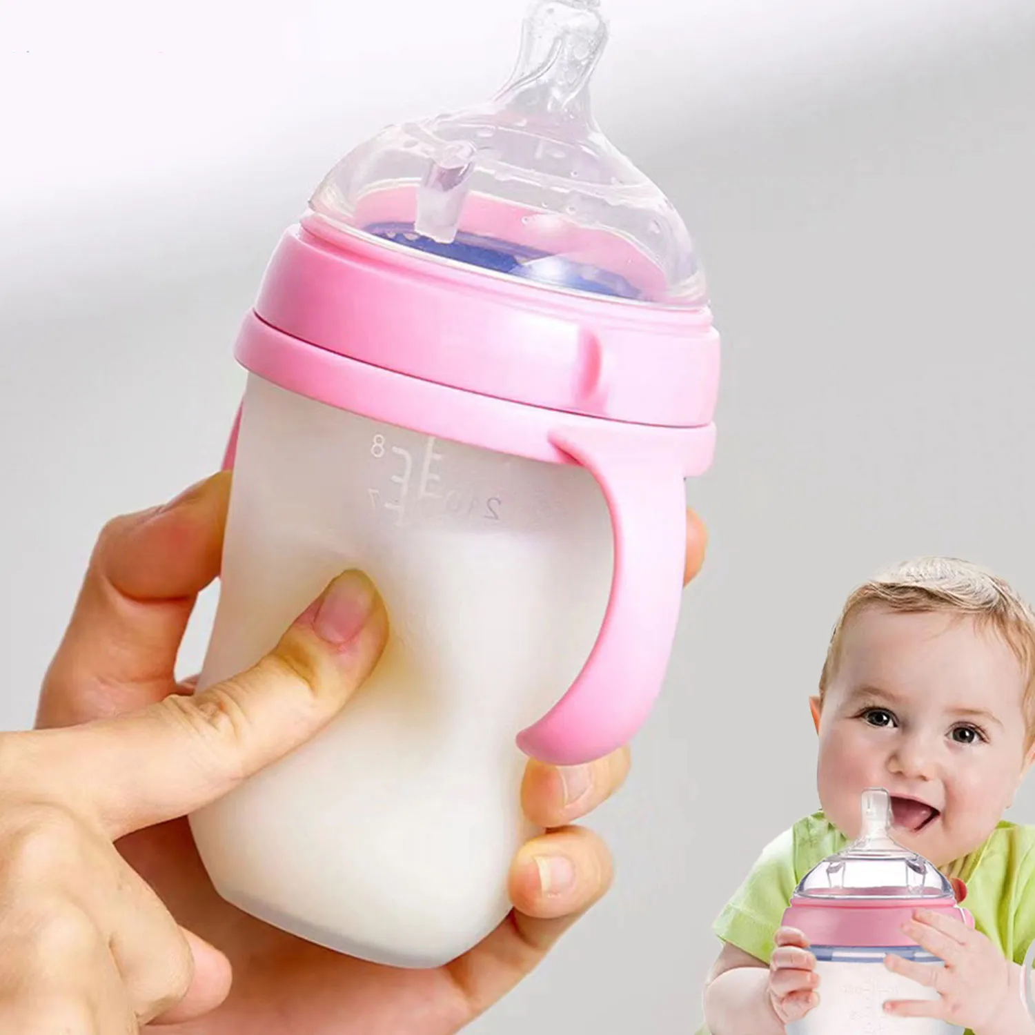 New 0-36 months baby nano-silicone bottle 240ml 150ml with handle Breastmilk-like design Soft milk pulling