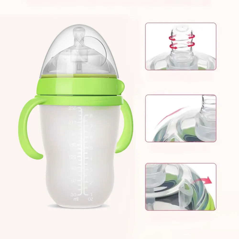 New 0-36 months baby nano-silicone bottle 240ml 150ml with handle Breastmilk-like design Soft milk pulling
