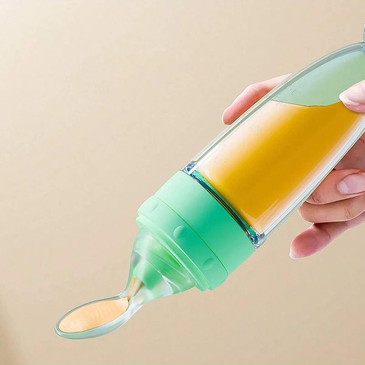 New 90ml/3OZ Colorful Silicone Baby Bottle Feeder with Soft Spoon, Suction Cup and Dust Cap, Portable Squeeze Feeding Bottle