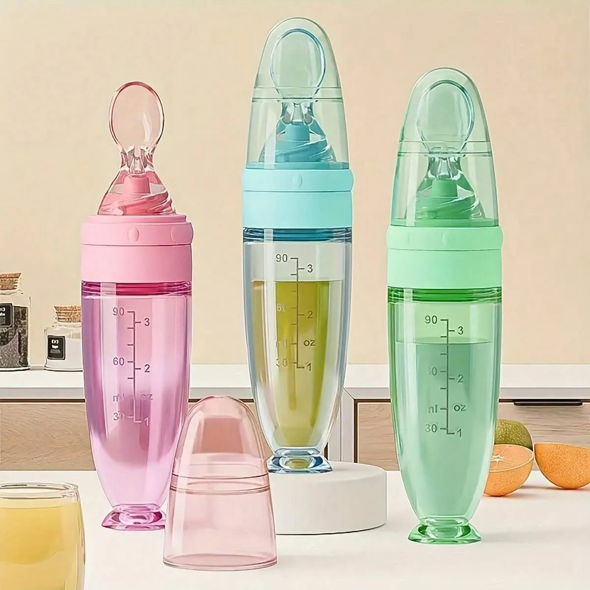 New 90ml/3OZ Colorful Silicone Baby Bottle Feeder with Soft Spoon, Suction Cup and Dust Cap, Portable Squeeze Feeding Bottle