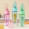 New 90ml/3OZ Colorful Silicone Baby Bottle Feeder with Soft Spoon, Suction Cup and Dust Cap, Portable Squeeze Feeding Bottle