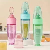 New 90ml/3OZ Colorful Silicone Baby Bottle Feeder with Soft Spoon, Suction Cup and Dust Cap, Portable Squeeze Feeding Bottle