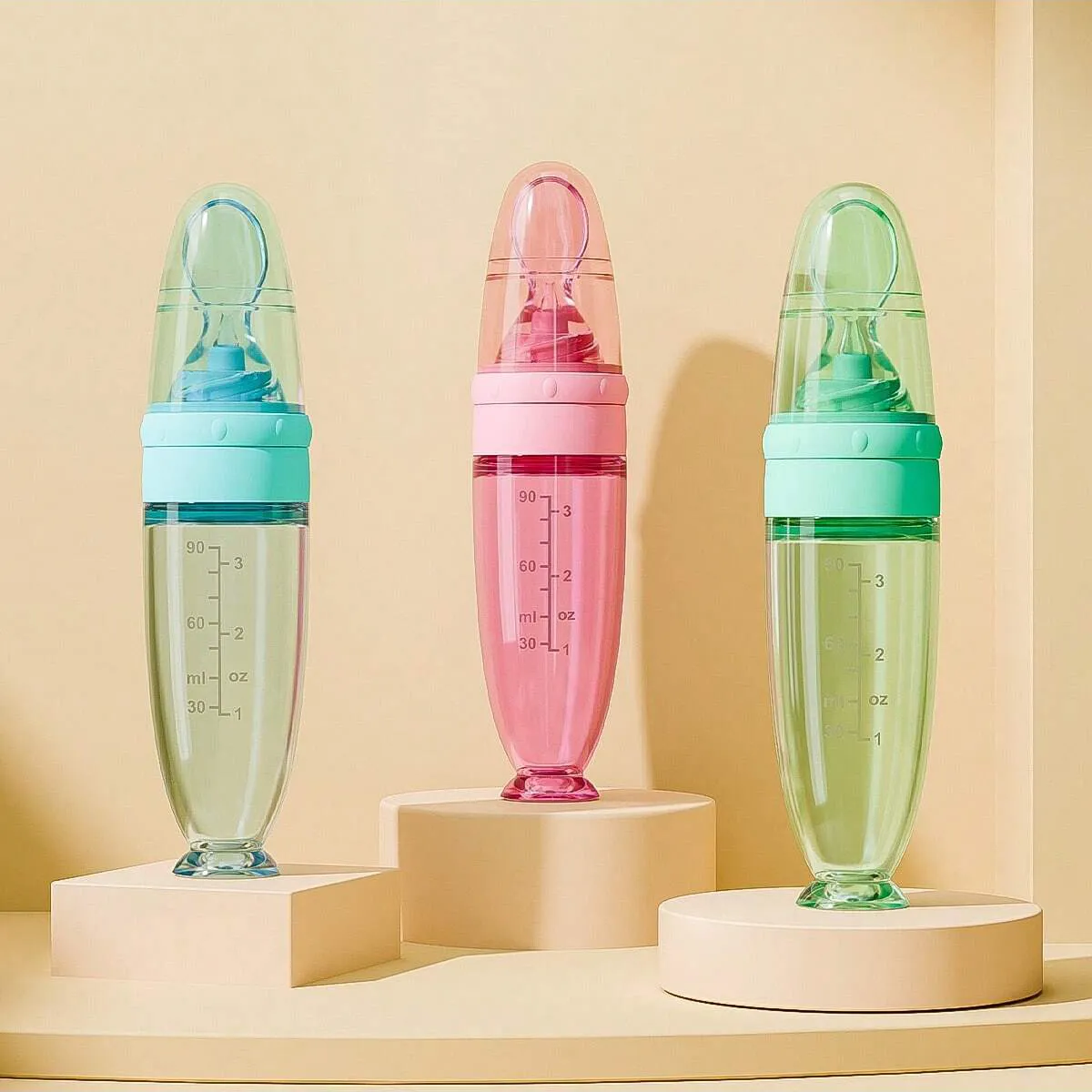 New 90ml/3OZ Colorful Silicone Baby Bottle Feeder with Soft Spoon, Suction Cup and Dust Cap, Portable Squeeze Feeding Bottle