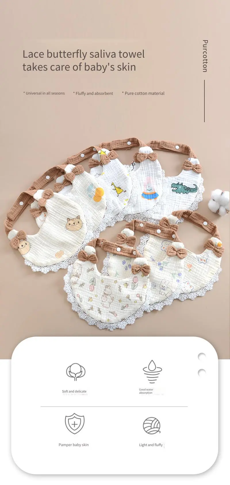 Baby Drool Towel Pure Cotton Bib Bow Lace Breathable Princess Newborn Anti Spit Feeding Soft Washable