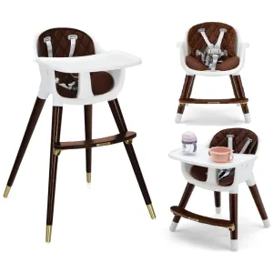 Baby High Chair, 3 In 1 Convertible Wooden Highchair For Babies & Toddlers, Modern Infant Feeding Chair With 5-Point Safe