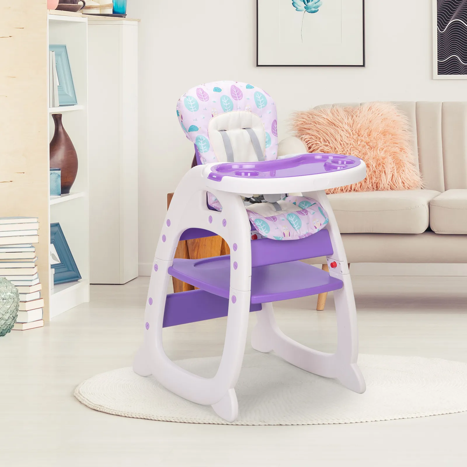 Convertible High Chair for Babies, Booster Seat with Safety Belt Feeding Tray, Toddler Chair and Table Set, Purple and White