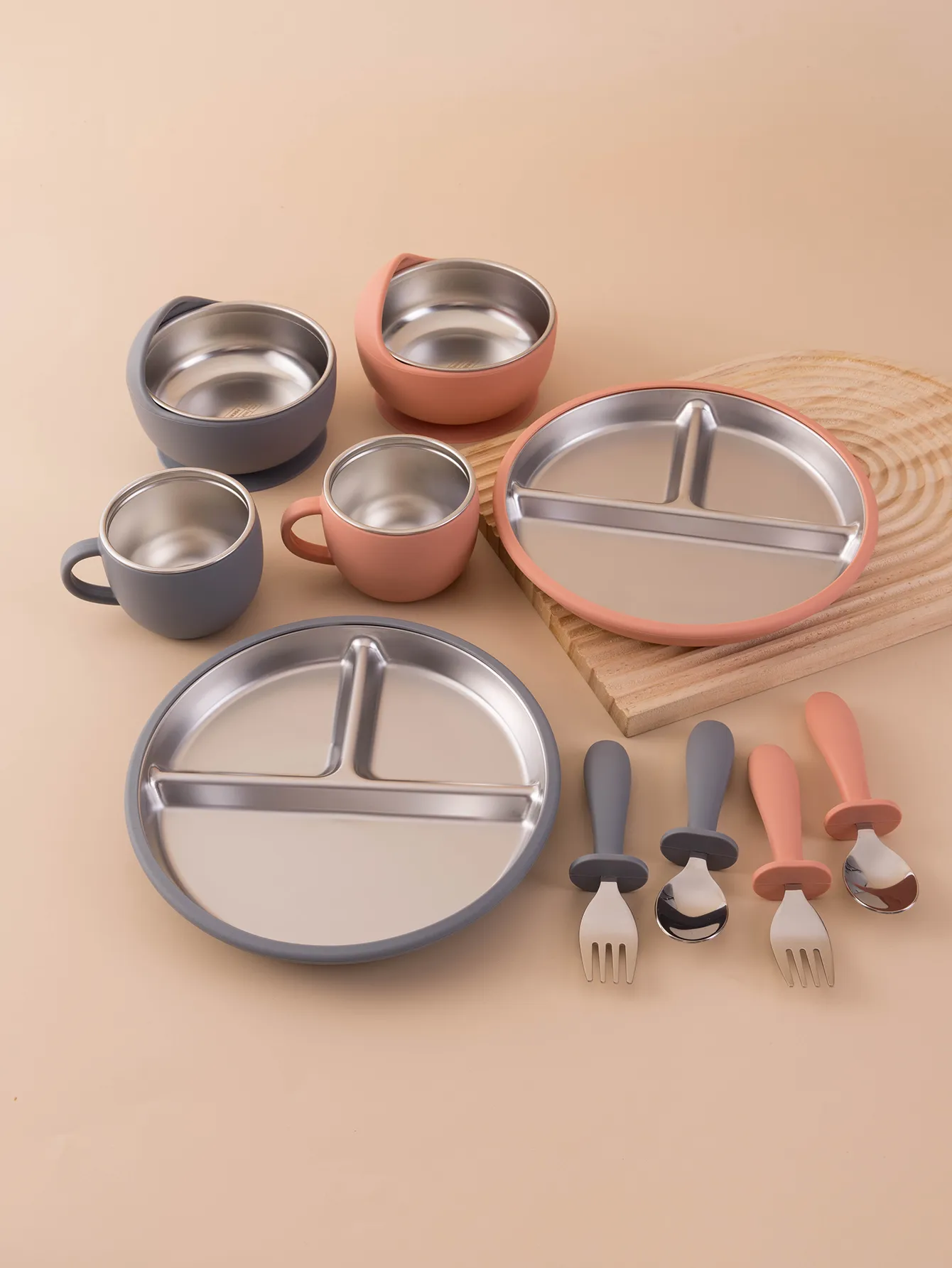 5PCS Stainless Steel Detachable Dishes Plate Baby Feeding Set With BPA Free Silicone Bowl Cup