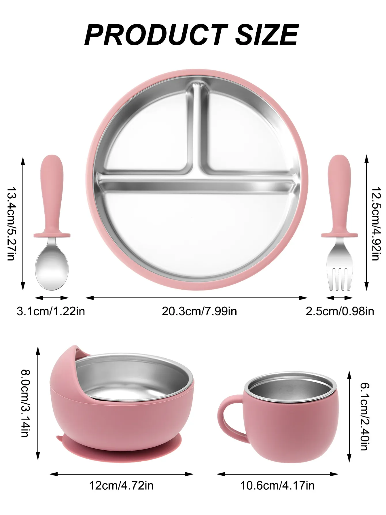 5PCS Stainless Steel Detachable Dishes Plate Baby Feeding Set With BPA Free Silicone Bowl Cup Infant Training Fork Spoon Gifts