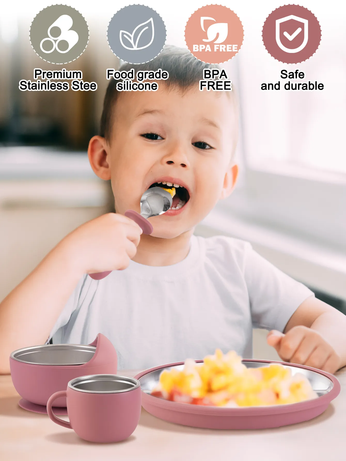 5PCS Stainless Steel Detachable Dishes Plate Baby Feeding Set With BPA Free Silicone Bowl Cup Infant Training Fork Spoon Gifts