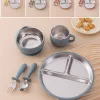 5PCS Stainless Steel Detachable Dishes Plate Baby Feeding Set With BPA Free Silicone Bowl Cup Infant Training Fork Spoon Gifts
