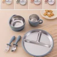 5PCS Stainless Steel Detachable Dishes Plate Baby Feeding Set With BPA Free Silicone Bowl Cup Infant Training Fork Spoon Gifts