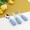 3pcs silicone stainless steel spoon fork knife baby tableware set for complementary feeding