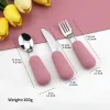 3pcs silicone stainless steel spoon fork knife baby tableware set for complementary feeding