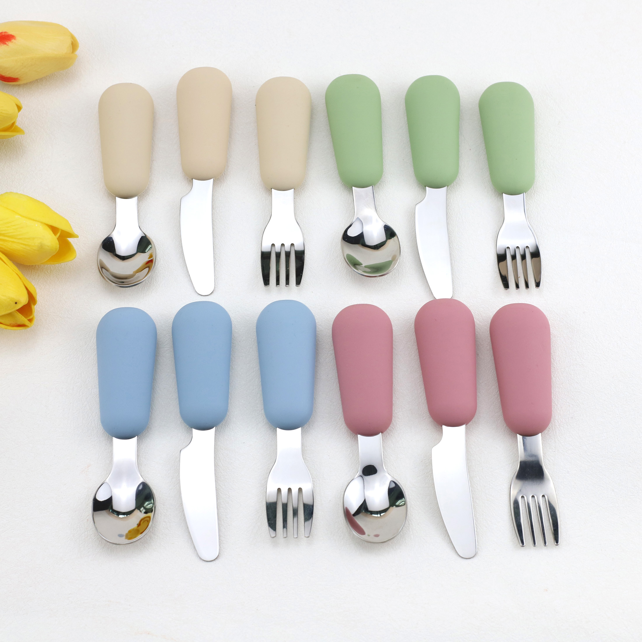 3pcs silicone stainless steel spoon fork knife baby tableware set for complementary feeding