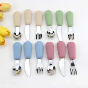 3pcs silicone stainless steel spoon fork knife baby tableware set for complementary feeding