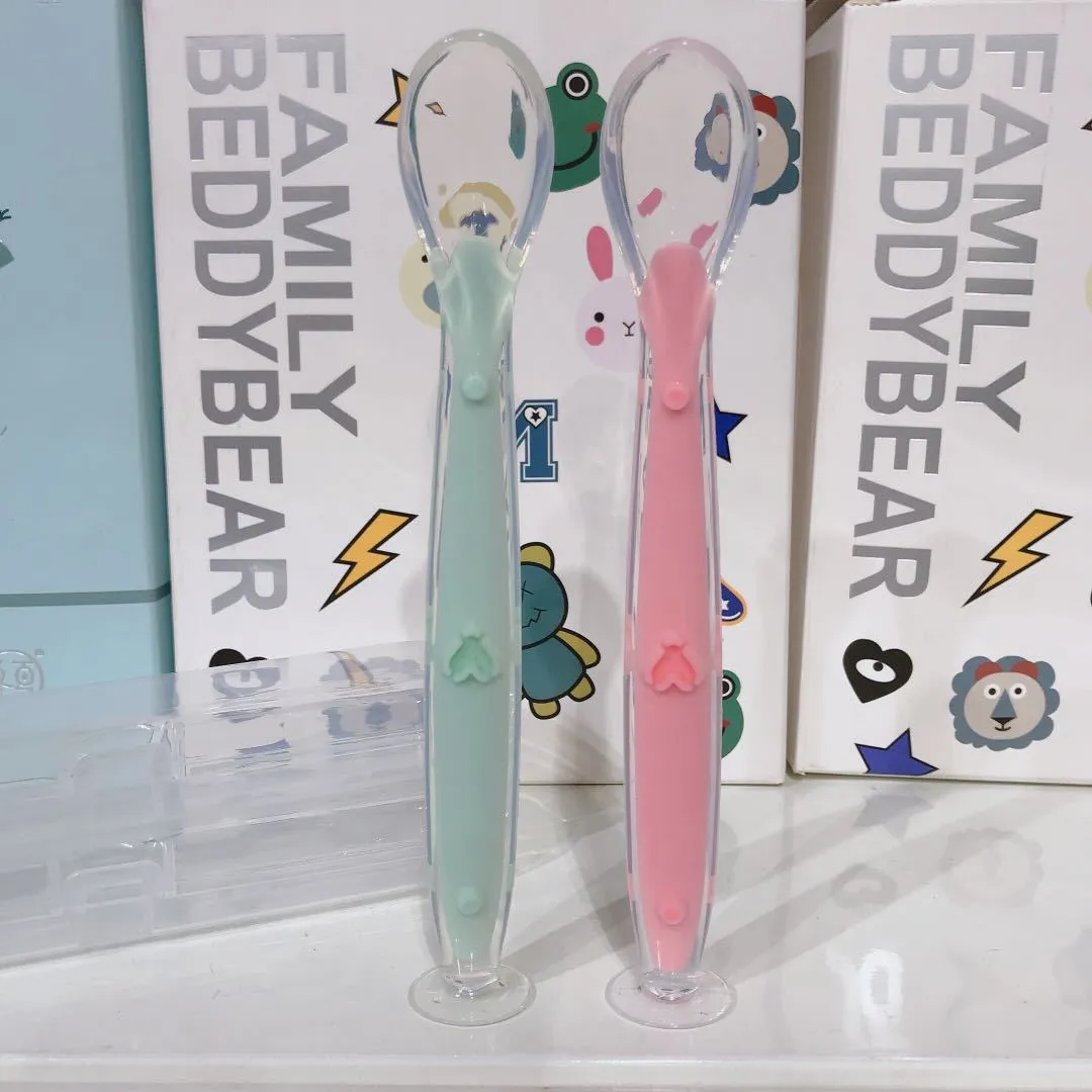 1pc Baby Silicone Suction Cup Spoon Heart Pattern Soft Safe And Helps Babies Eat Independently Traning Self Feeding