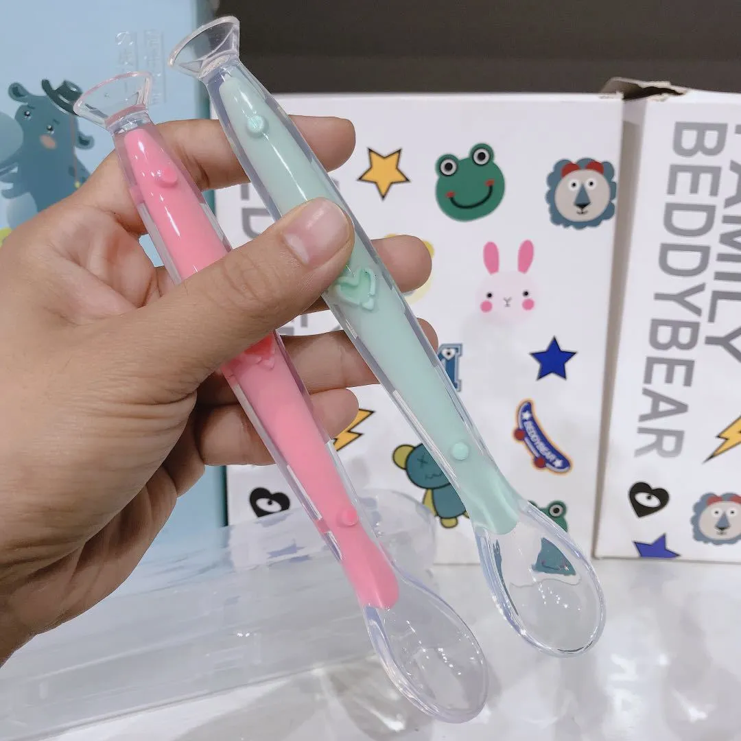 1pc Baby Silicone Suction Cup Spoon Heart Pattern Soft Safe And Helps Babies Eat Independently Traning Self Feeding