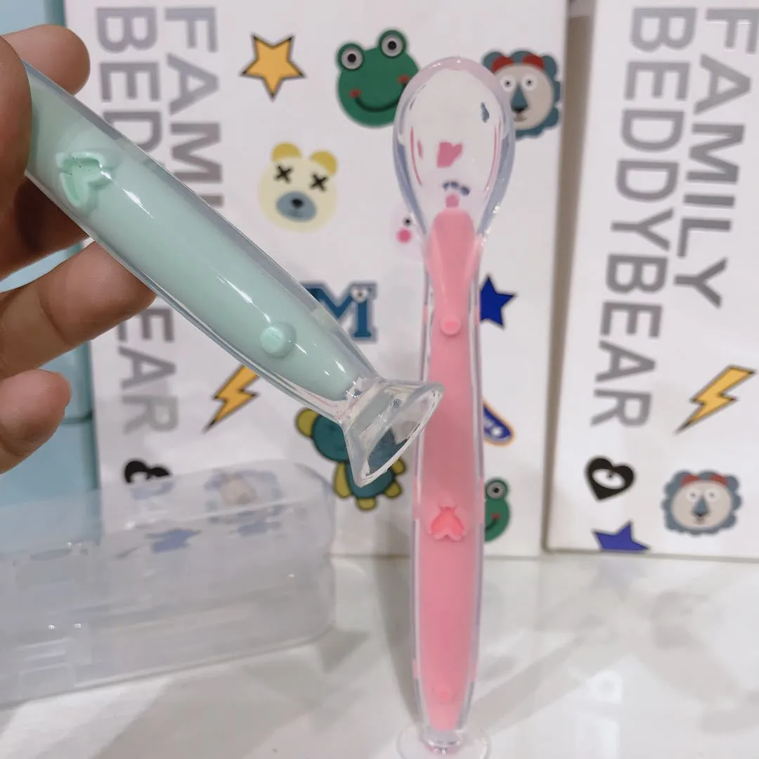 1pc Baby Silicone Suction Cup Spoon Heart Pattern Soft Safe And Helps Babies Eat Independently Traning Self Feeding