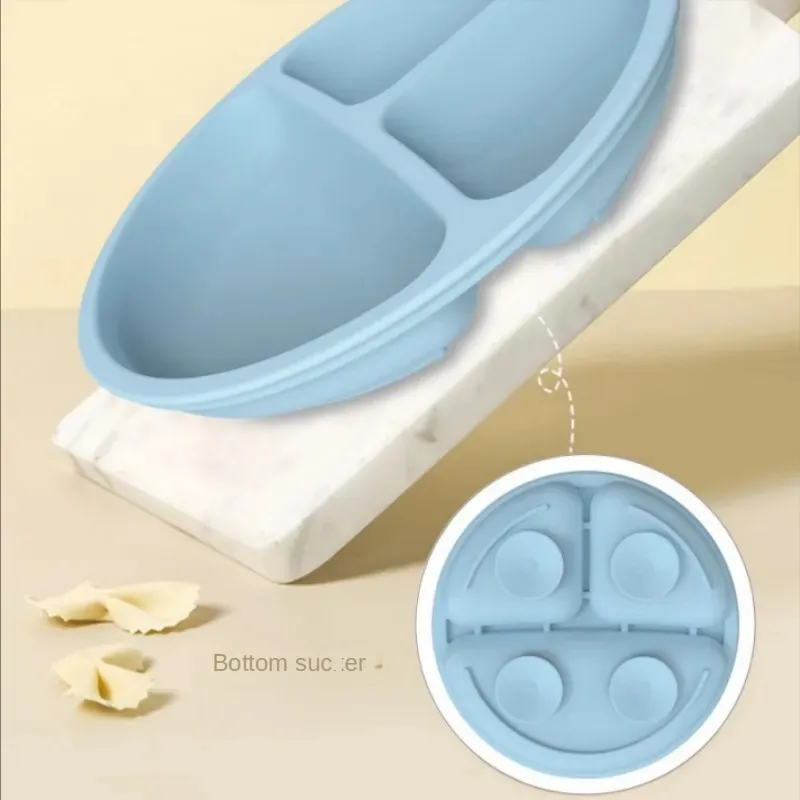 Baby Silicone Feeding Dishes Children Suction Plate Suction Sucker Bowl Wood Fork Spoon Set Toddler Training Tableware BPA Free