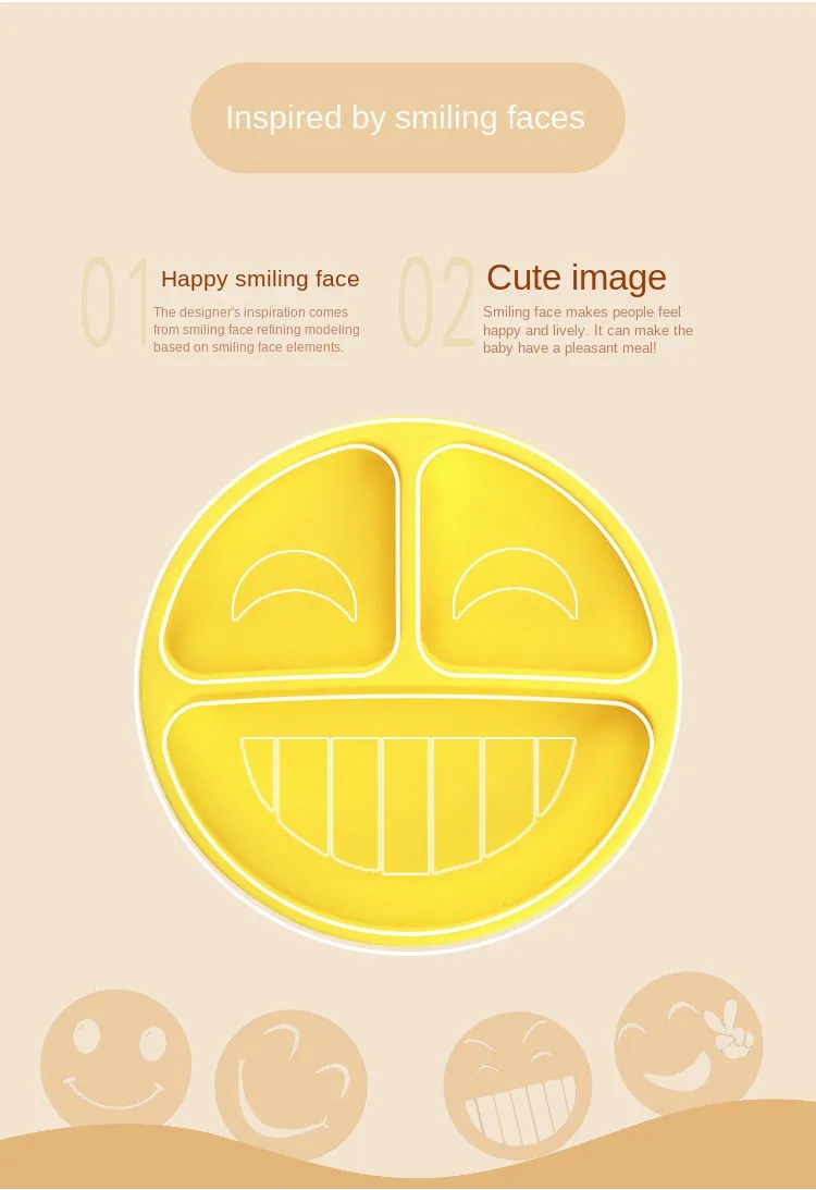 3Pcs Baby Safe Silicone Suction Dining Plate Learning Spoons Set Feeding Toddler Training Tableware Retro Kids Smile Face Plate