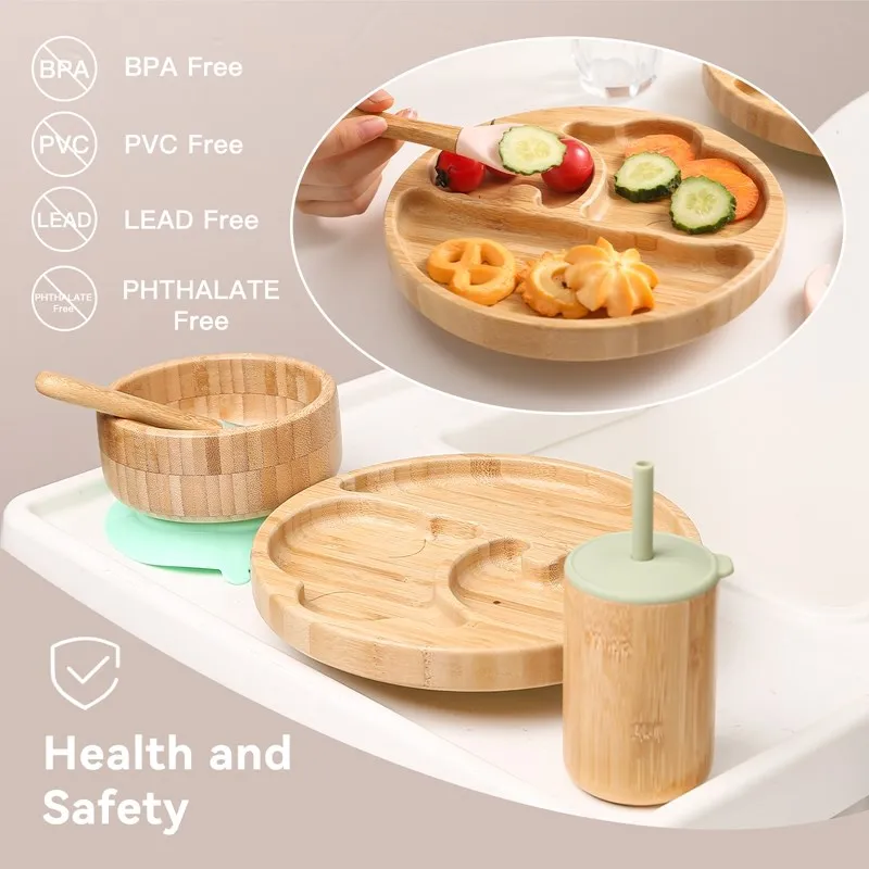 Baby Tableware Set Feeding Bowl Dinner Plate Cup Bibs Spoon Fork Bamboo Wooden Children's Feeding Dishes Sets BPA Free Non-Slip