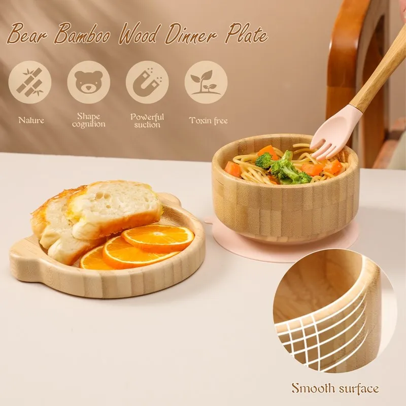 Baby Tableware Set Feeding Bowl Dinner Plate Cup Bibs Spoon Fork Bamboo Wooden Children's Feeding Dishes Sets BPA Free Non-Slip