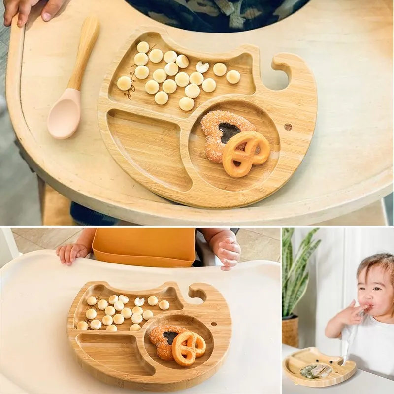 Baby Tableware Set Feeding Bowl Dinner Plate Cup Bibs Spoon Fork Bamboo Wooden Children's Feeding Dishes Sets BPA Free Non-Slip